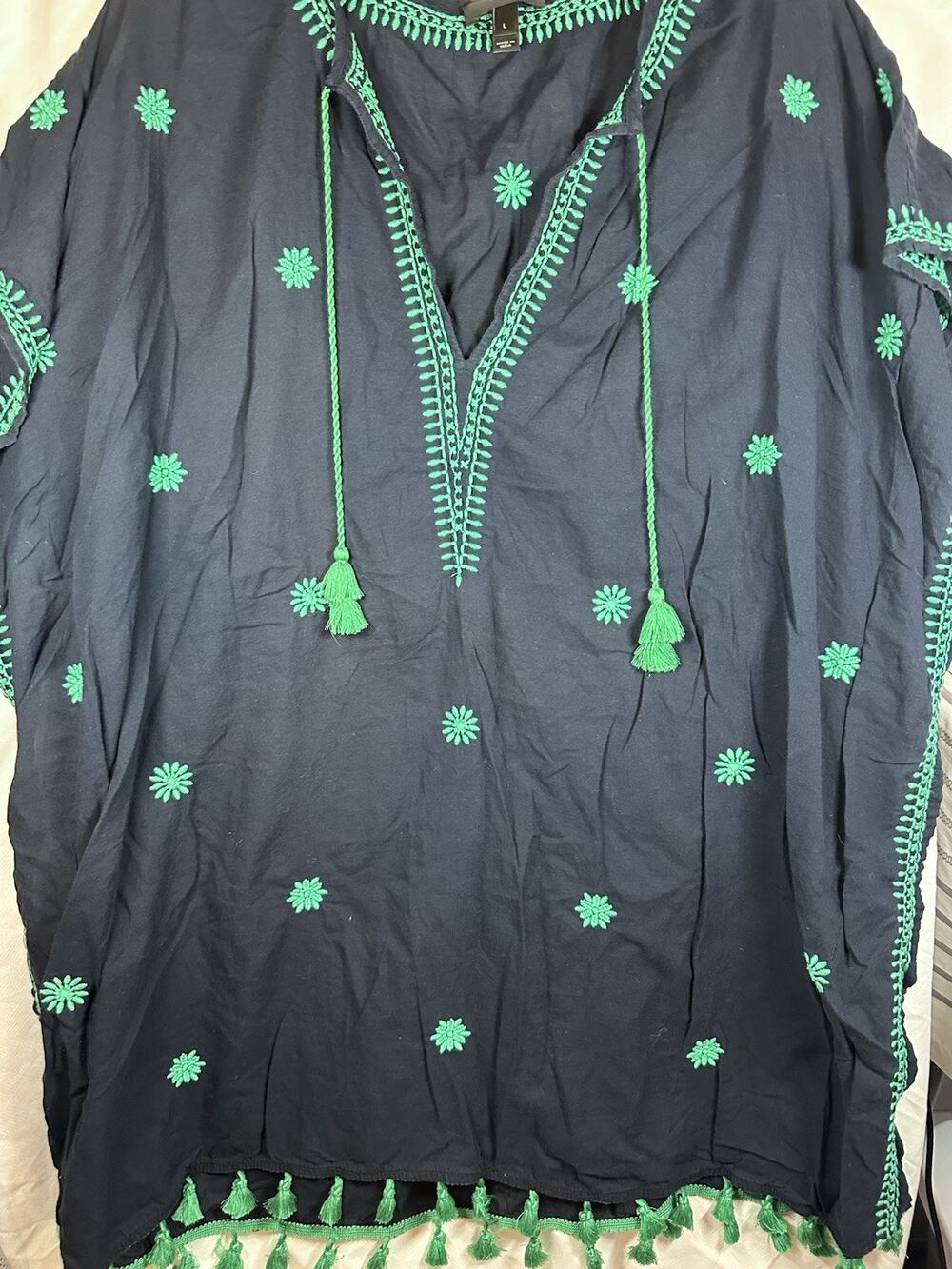 J.Crew Navy Embroidered Tassel Tunic Cover Up Dress Large Cotton Boho Beach